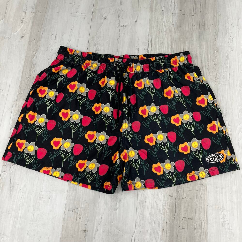 Petals by Petals and Peacocks Flower Print Black Colorful Bright Board Shorts